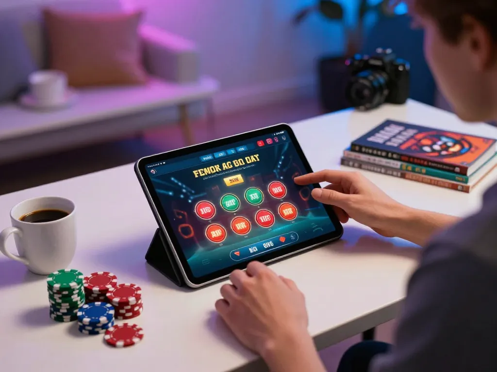 Engaging with okwin casino app on tablet in a cozy home setup with poker chips.