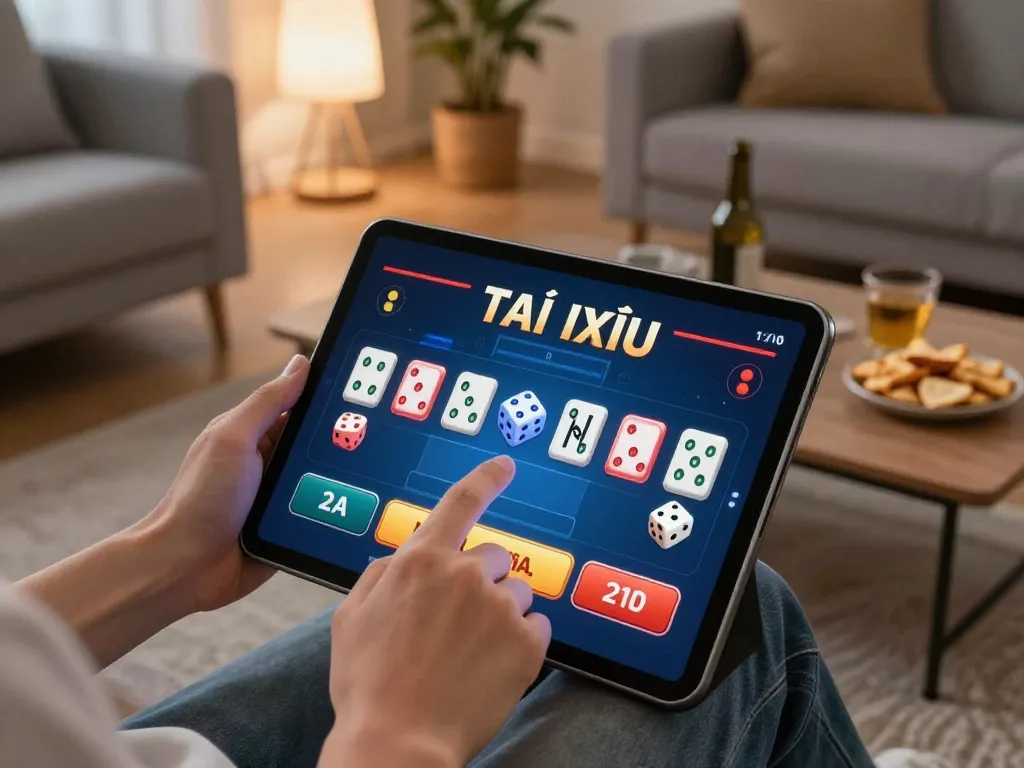 Tài Xỉu gameplay on a tablet at home, engaging with friends during a relaxed gaming session.