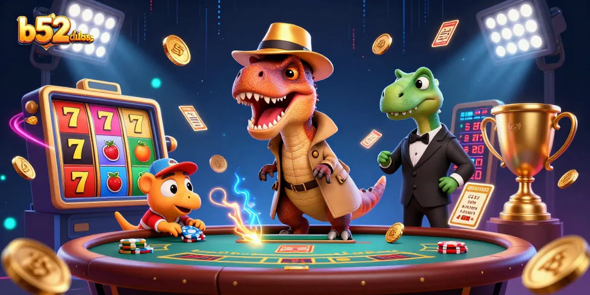 Engage in thrilling gameplay at b52clubss with a velociraptor card counter under a stegosaurus pit boss in a vibrant casino scene.