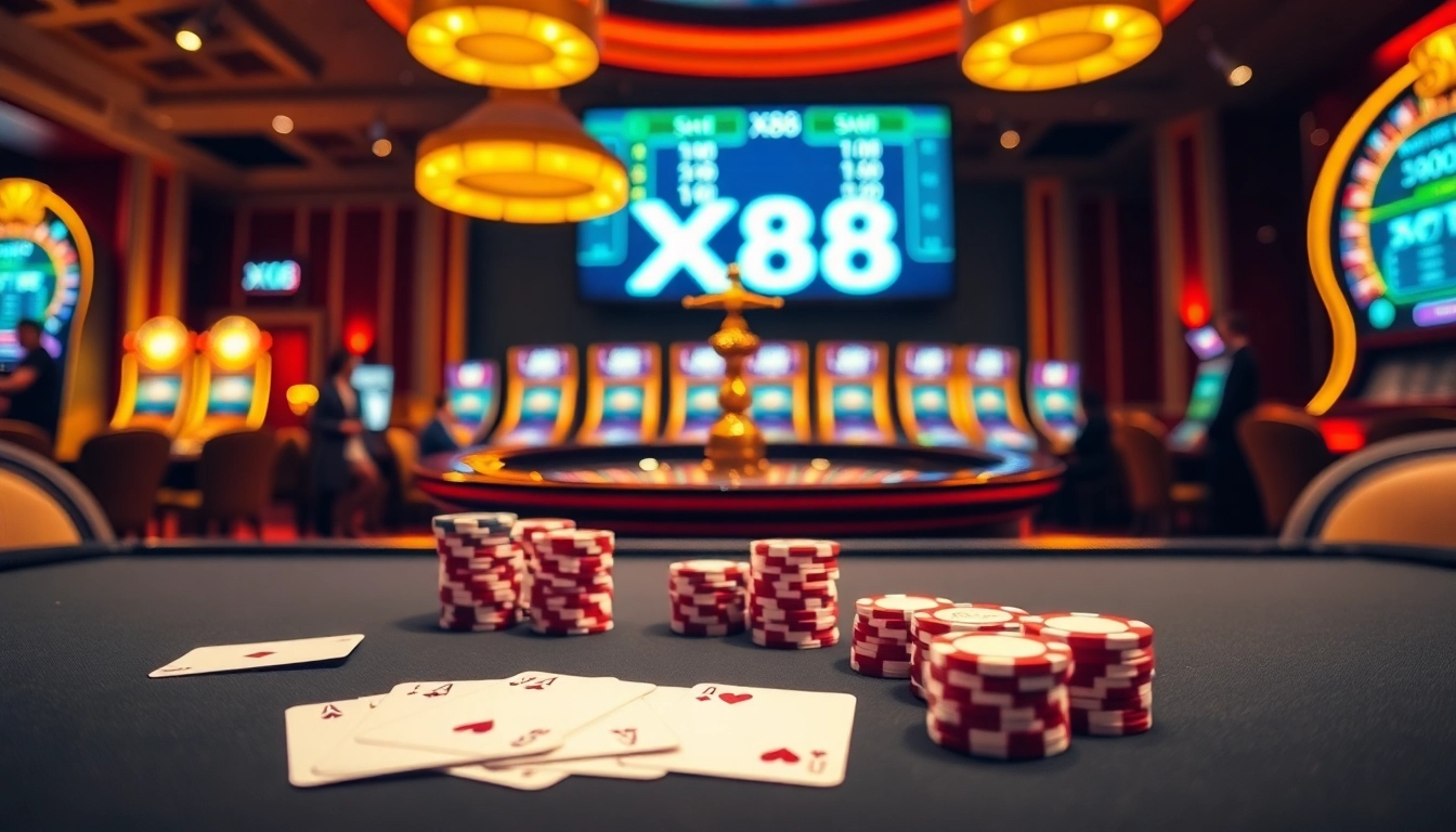 Experience thrilling gambling action at XX88 with vibrant poker chips and roulette excitement.