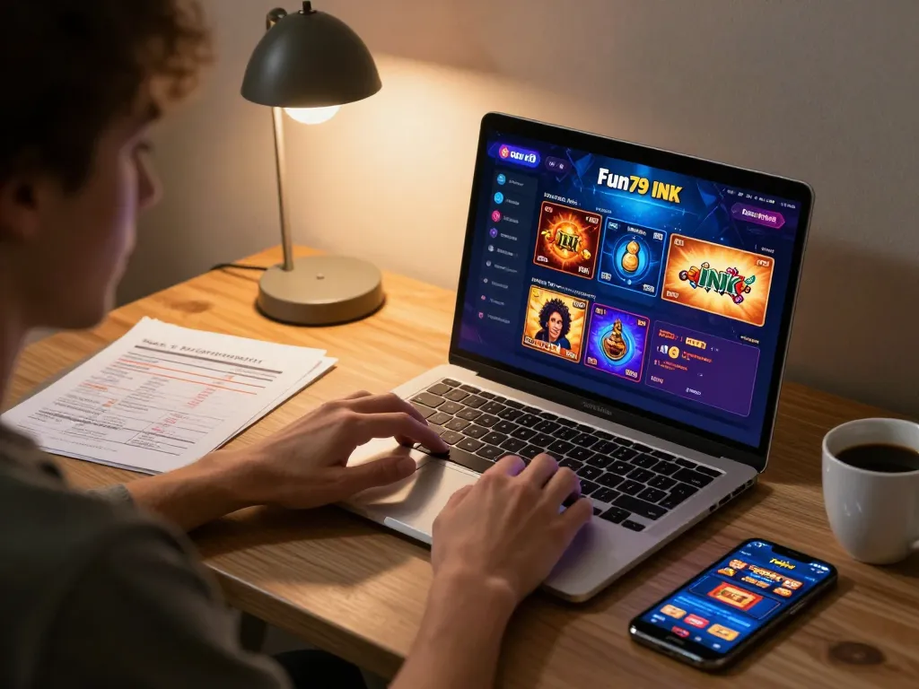 Engaging online gaming session at Fun79 INK featuring vibrant casino interface and cozy atmosphere.