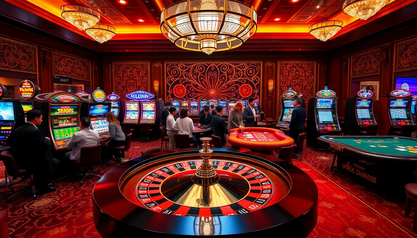 Players enjoying a vibrant casino environment with SHBET branding and exciting gambling action.