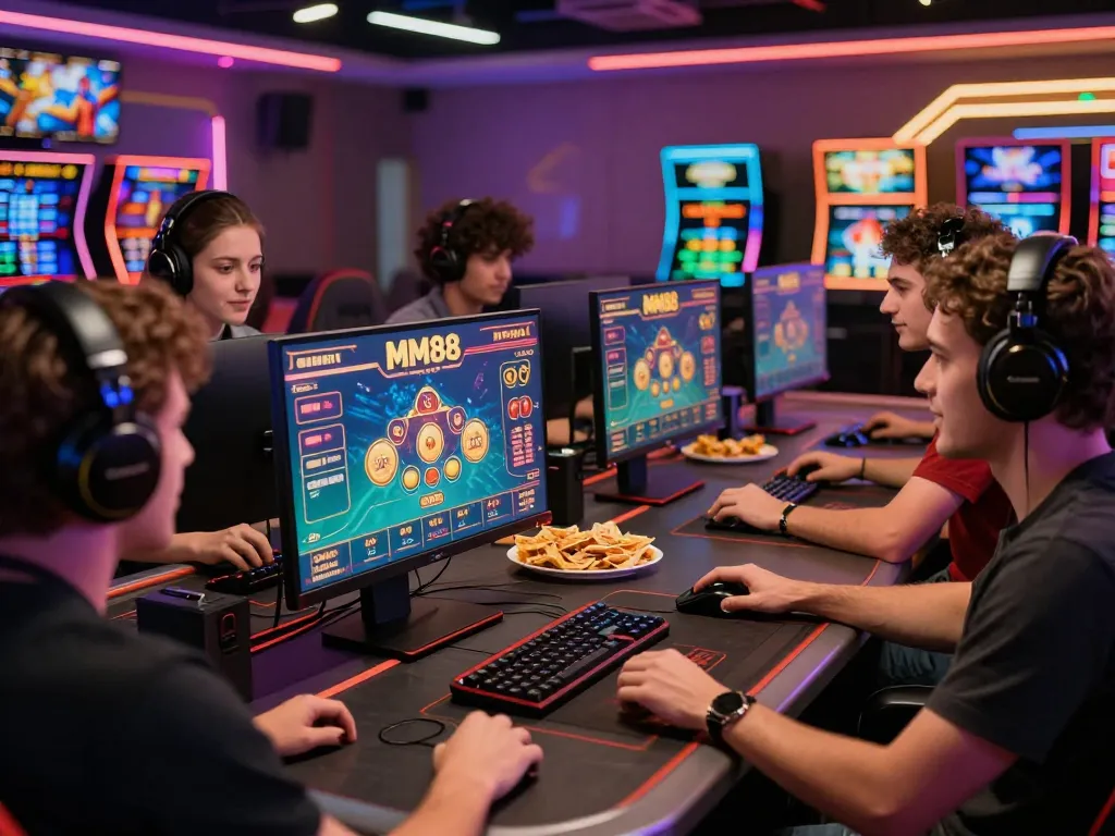 Excited friends enjoying MM88 online casino games in a vibrant gaming setup.