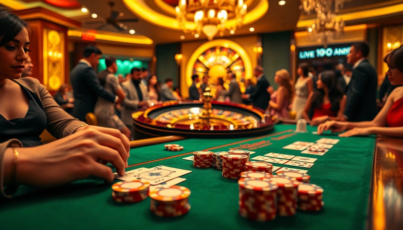 Experience the thrill of betting at https://luongsontv5.com/ with a luxurious casino scene featuring active players and elegant gaming elements.