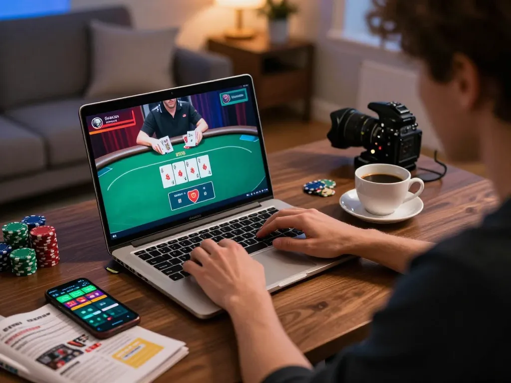 Player engaging in online poker at home, showcasing sunwingo on the laptop screen with focus on strategy.