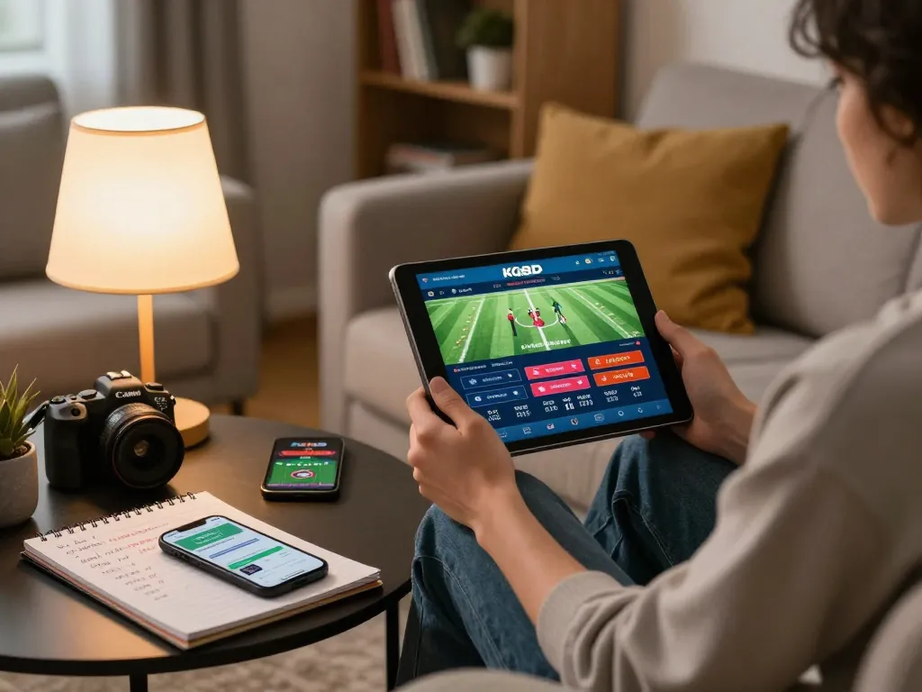 Betting on sports using KQBD app on a tablet while relaxing at home.