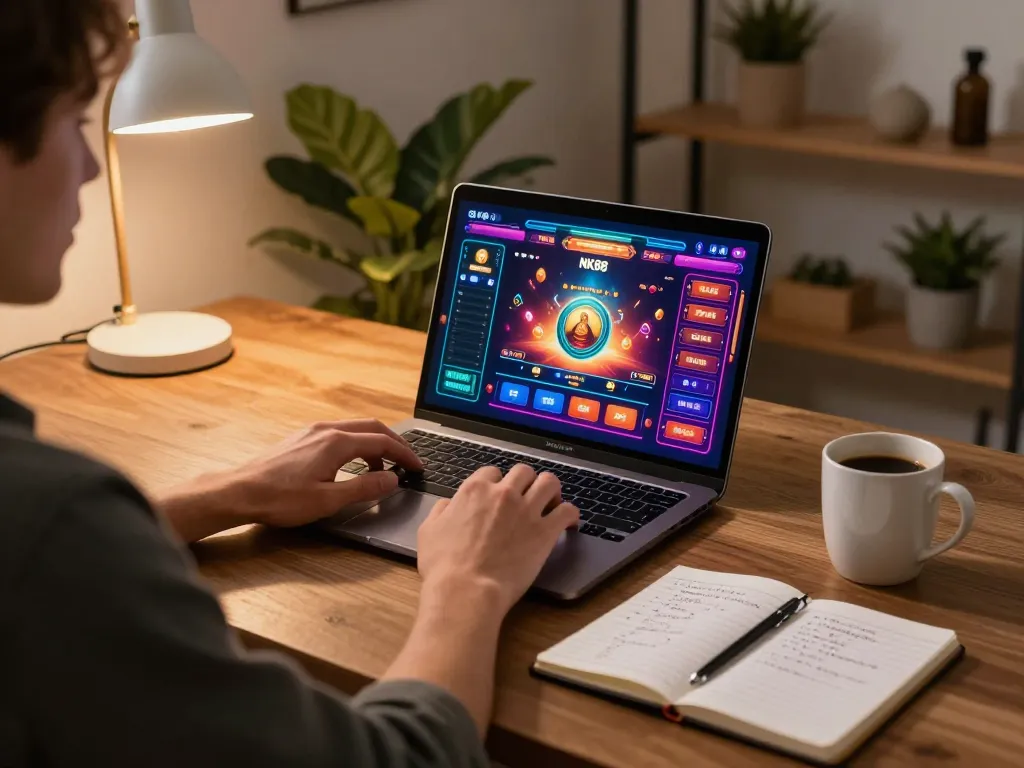Excited player engaging with NK88 on laptop, showcasing online gambling strategy.