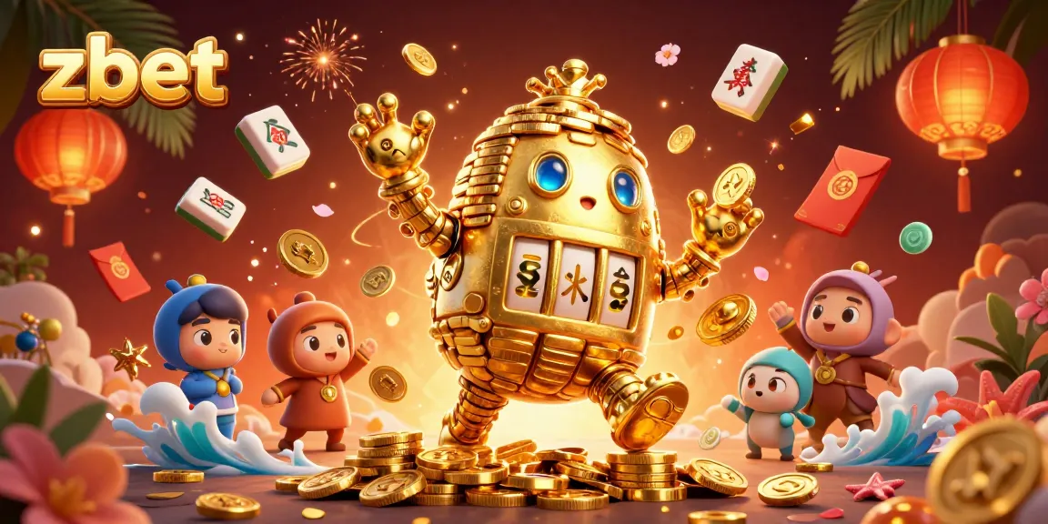 Experience zbet's golden golem and casino excitement in this vibrant 3D illustration.