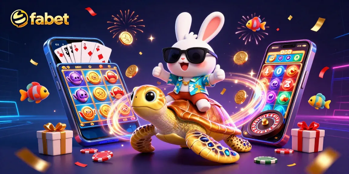 Experience winning with fabet's vibrant gaming scene featuring a lucky rabbit and sea turtle.