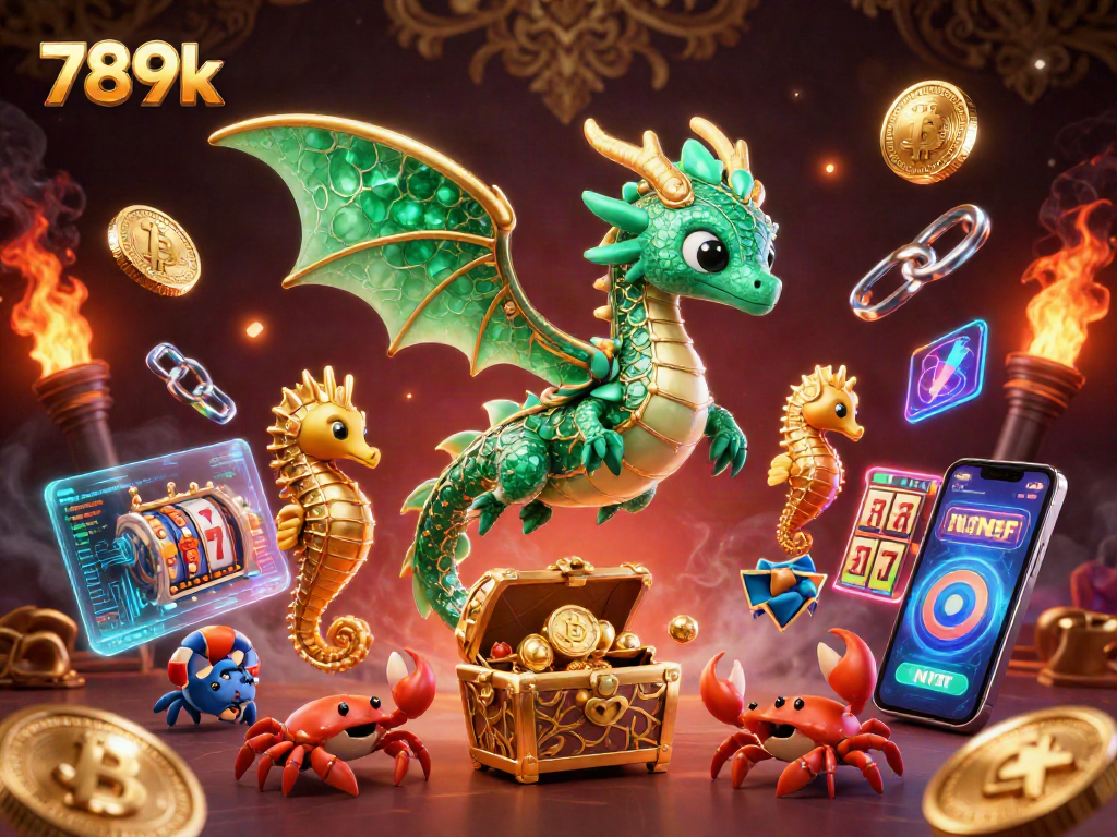 Engage with 789k slots as you win big alongside a sea dragon and treasure in a vibrant casino world.