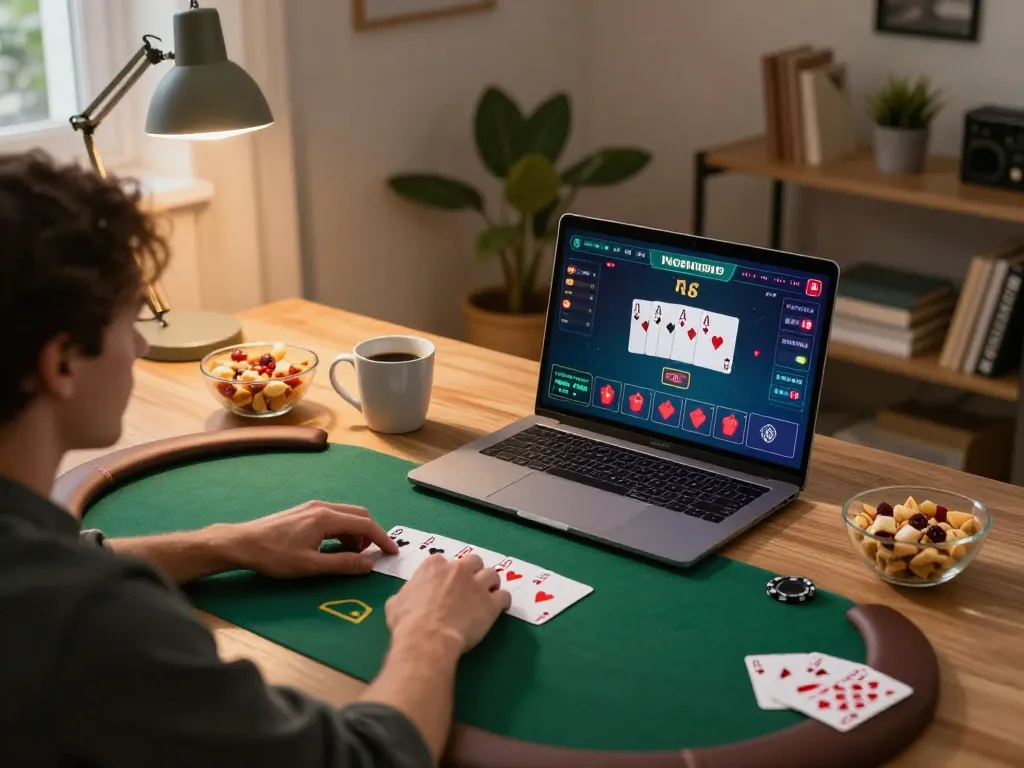 Engaged player navigating through 68win online poker, highlighting home atmosphere and strategic gameplay