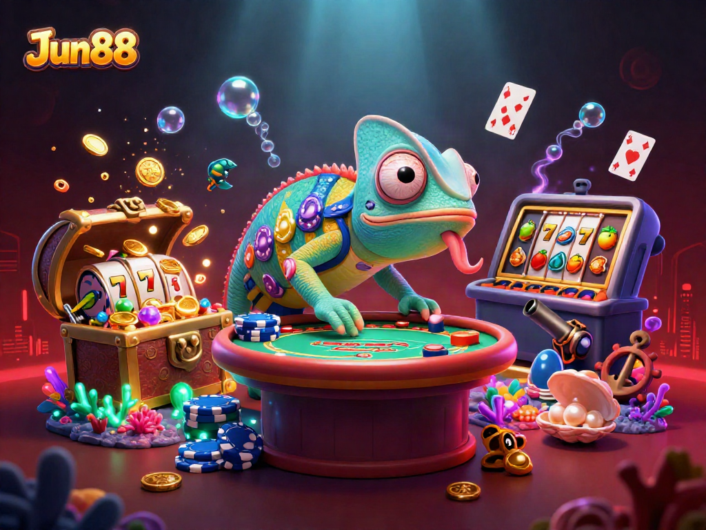 Join the action at Jun88 with a dynamic scene of a chameleon casino owner surrounded by slot games.