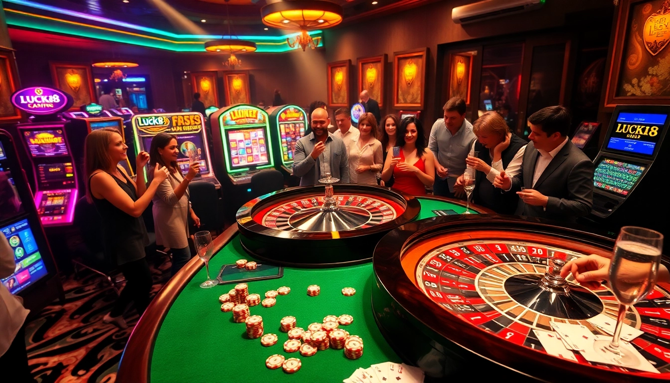 LUCK8 roulette table with excited gamblers and vibrant casino atmosphere.