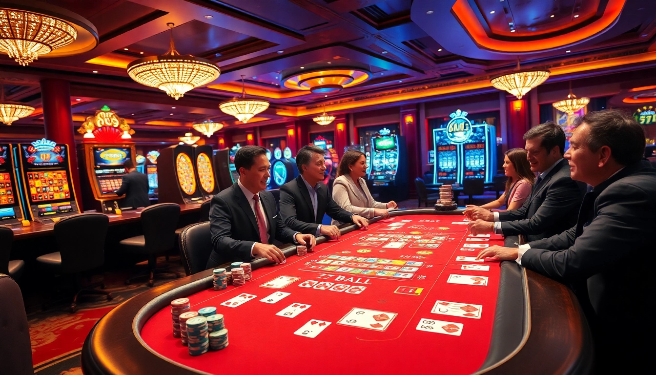 Experience the excitement of 77ball game with players enjoying vibrant casino tables and colorful chips.