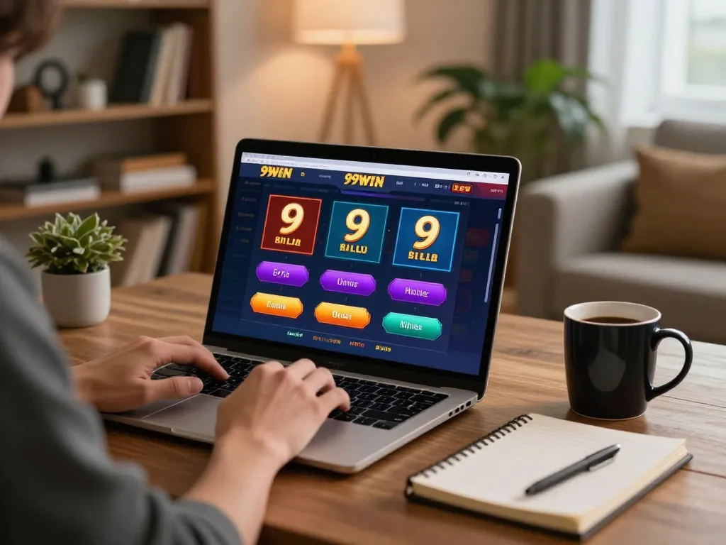 Engaging with the 99WIN online casino platform at home, showing gaming strategy.