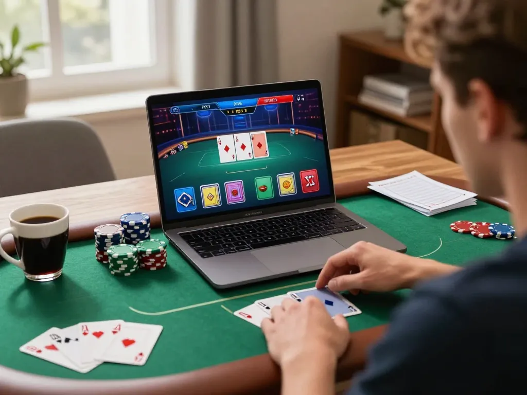 Player immersed in online poker with a laptop, representing nhà cái uy tín in a home gaming setup.