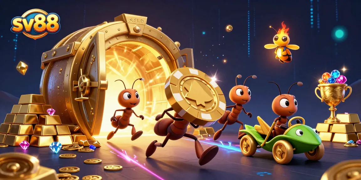 Experience the thrill of sv88 with a team of ants on a heist featuring golden poker chips and treasures.