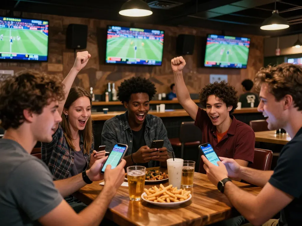 Betting action at 33win sports bar with friends using smartphones for live wagers.