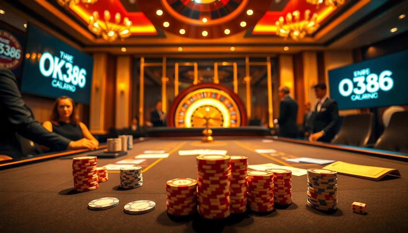Exciting gambling action with OK8386 logo on display at a luxurious casino poker table.