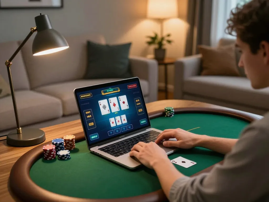 Engaged player strategizing winning hands at ko66biz online poker game on laptop in cozy home setup.