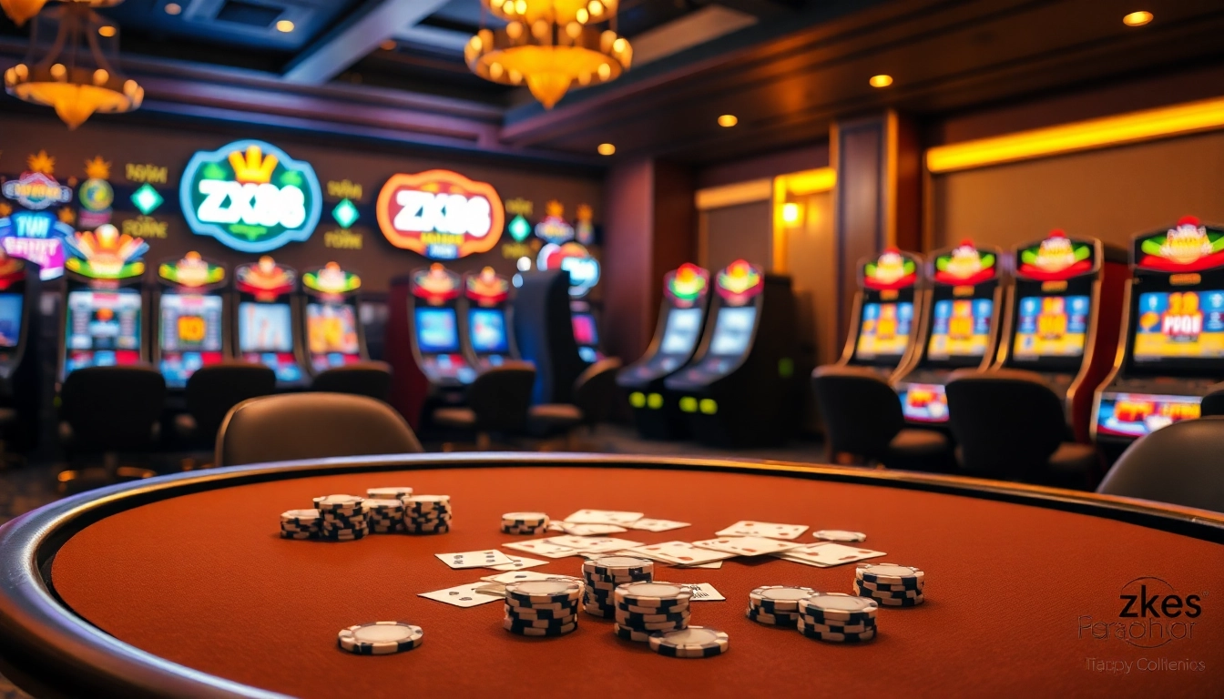 Experience high-stakes gaming at ZK88 with luxury poker tables and vibrant slot machines.