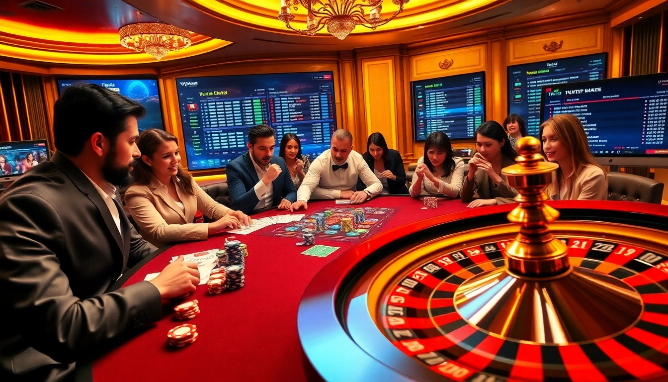 Players excitedly engage in gambling with tylekeo strategies at a luxurious casino table.