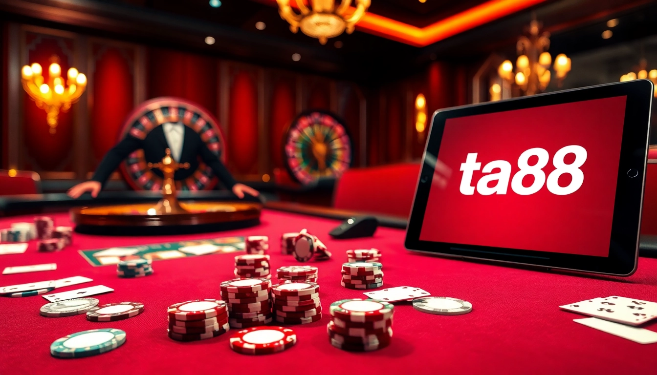 Experience thrilling gaming with ta88 at an elegant casino table filled with chips and cards.