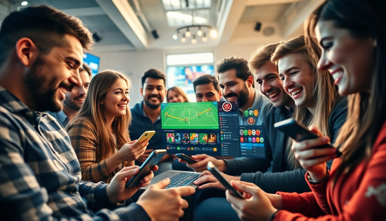 Engaging online gaming scene representing stimmgewitter.org with diverse players excited about sports betting and casinos.