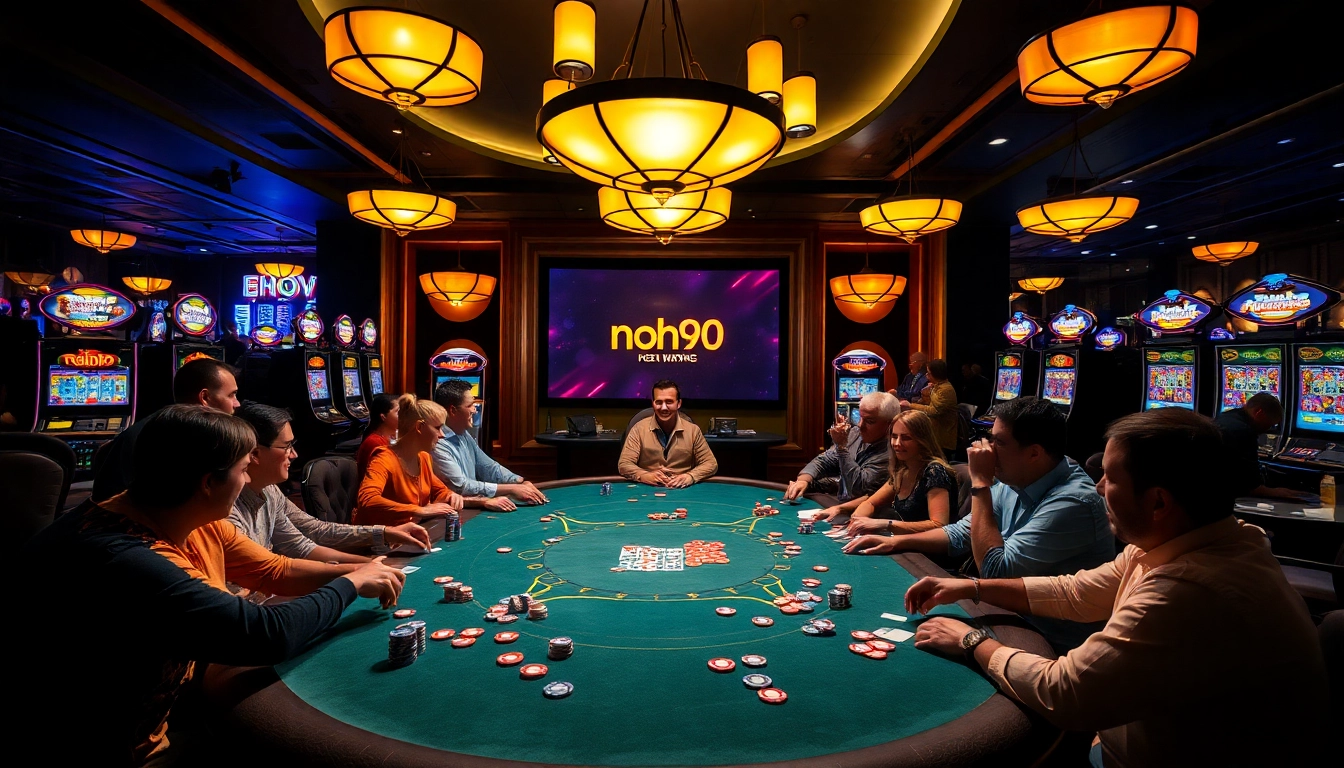 Nohu90 players celebrating at a luxurious poker table in a vibrant casino setting.