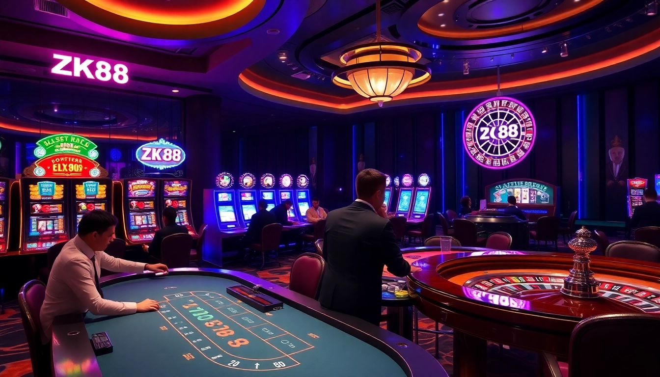 ZK88 Club players enjoying high-stakes games at a vibrant casino.