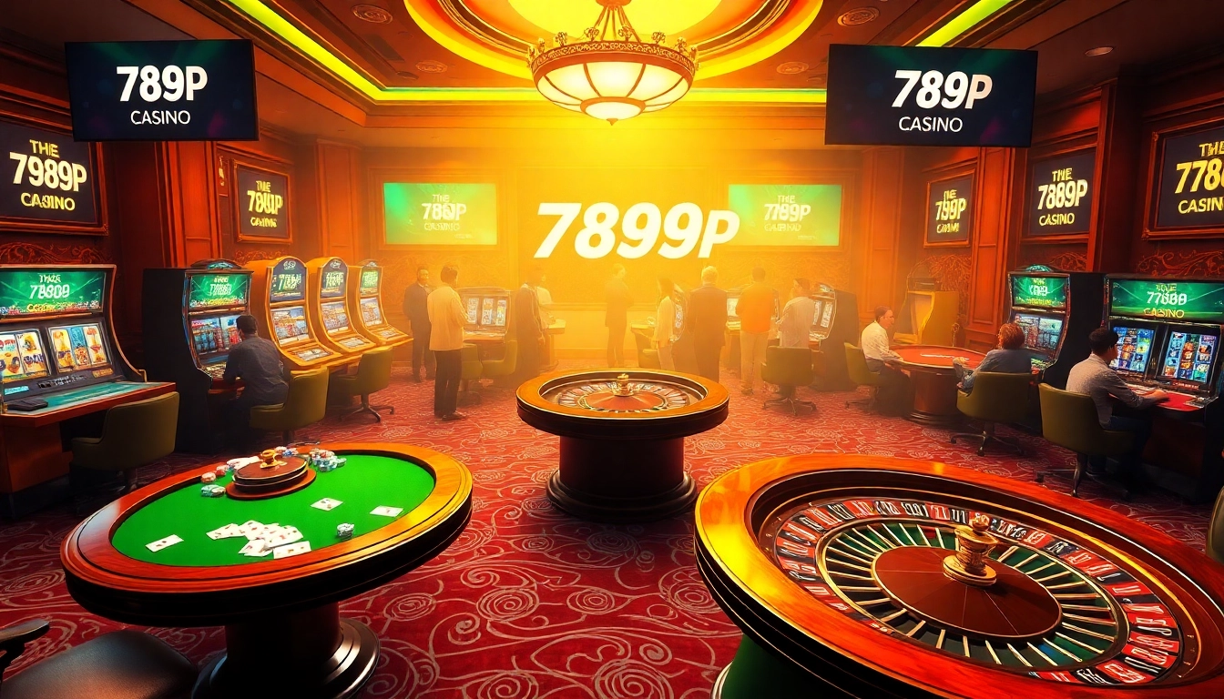 Engaging casino scene with players enjoying 789p games, featuring roulette, poker, and slot machines.
