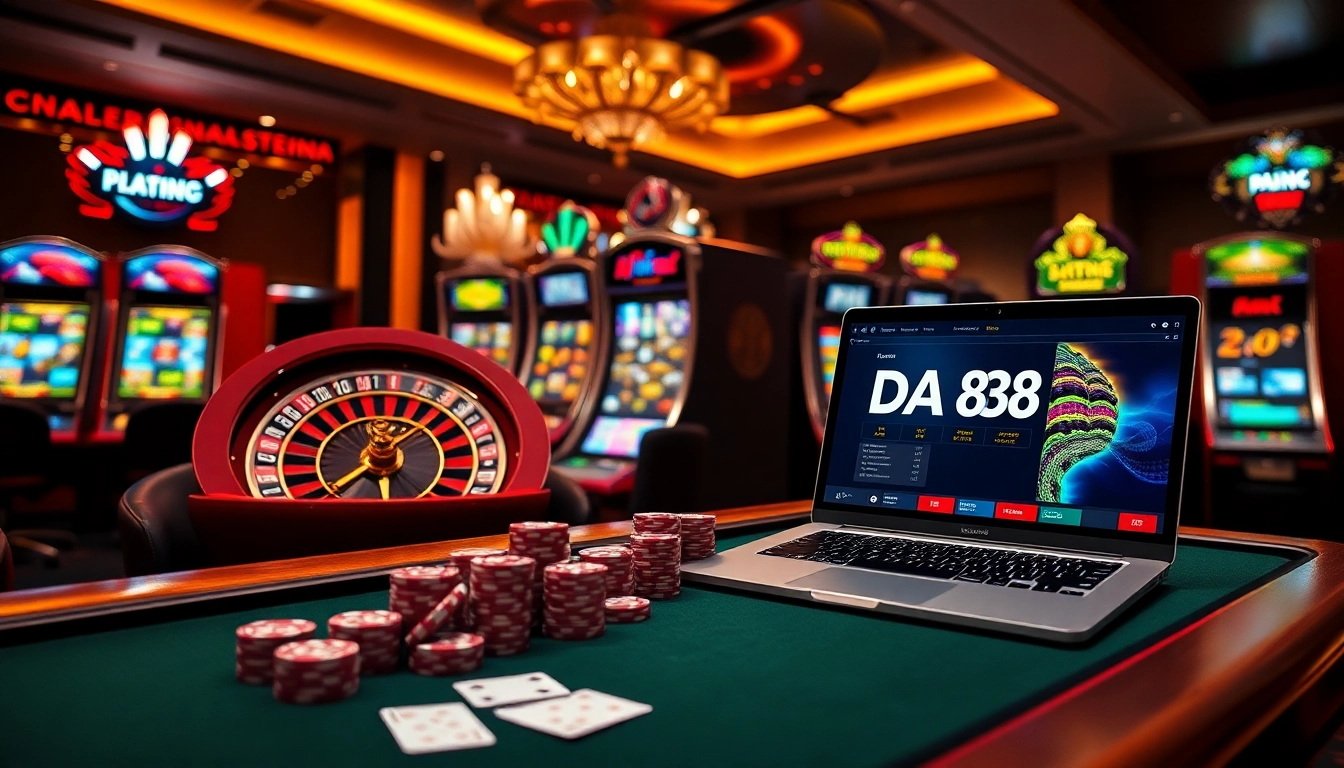 Experience the excitement of DA88 at a luxurious poker table with vibrant slot machines.