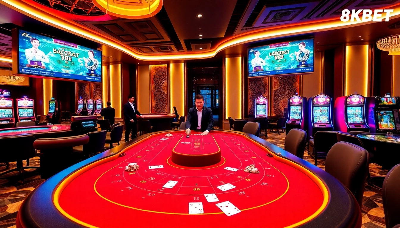 A captivating scene at Casino 8KBET showcasing live dealer games, excitement, and luxury in online gambling.