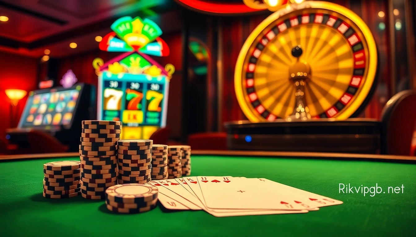 Experience winning thrills at rikvip.gb.net with a vibrant casino scene featuring poker chips, a roulette wheel, and captivating slot machines.