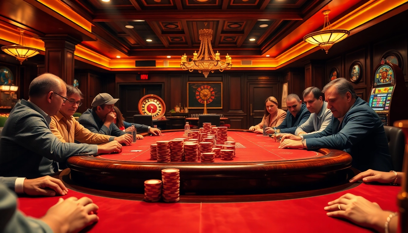Intense poker game scene at 788t casino, showcasing rich decor and dynamic gameplay.