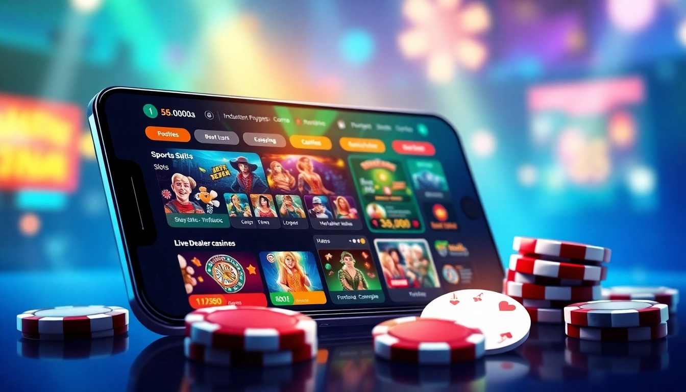 Illustration of mobile app interface for 566 vim online gambling, featuring vibrant games like slots and live dealer options.