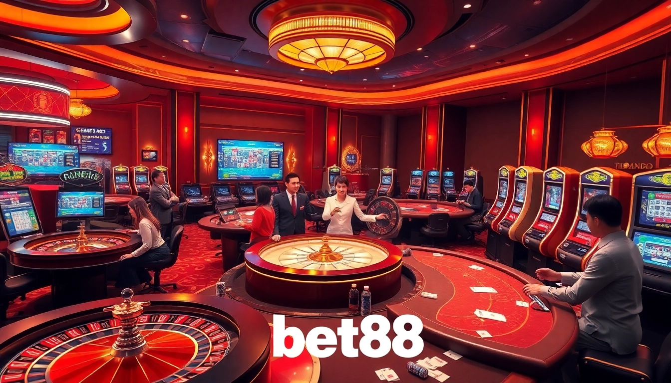 Experience the excitement of bet88 with vibrant casino elements like roulette, poker, and slots.