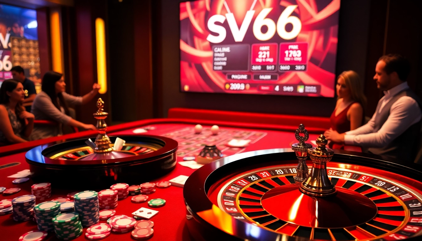 Experience high-stakes gambling at SV66 with vibrant games, casino tables, and poker chips.