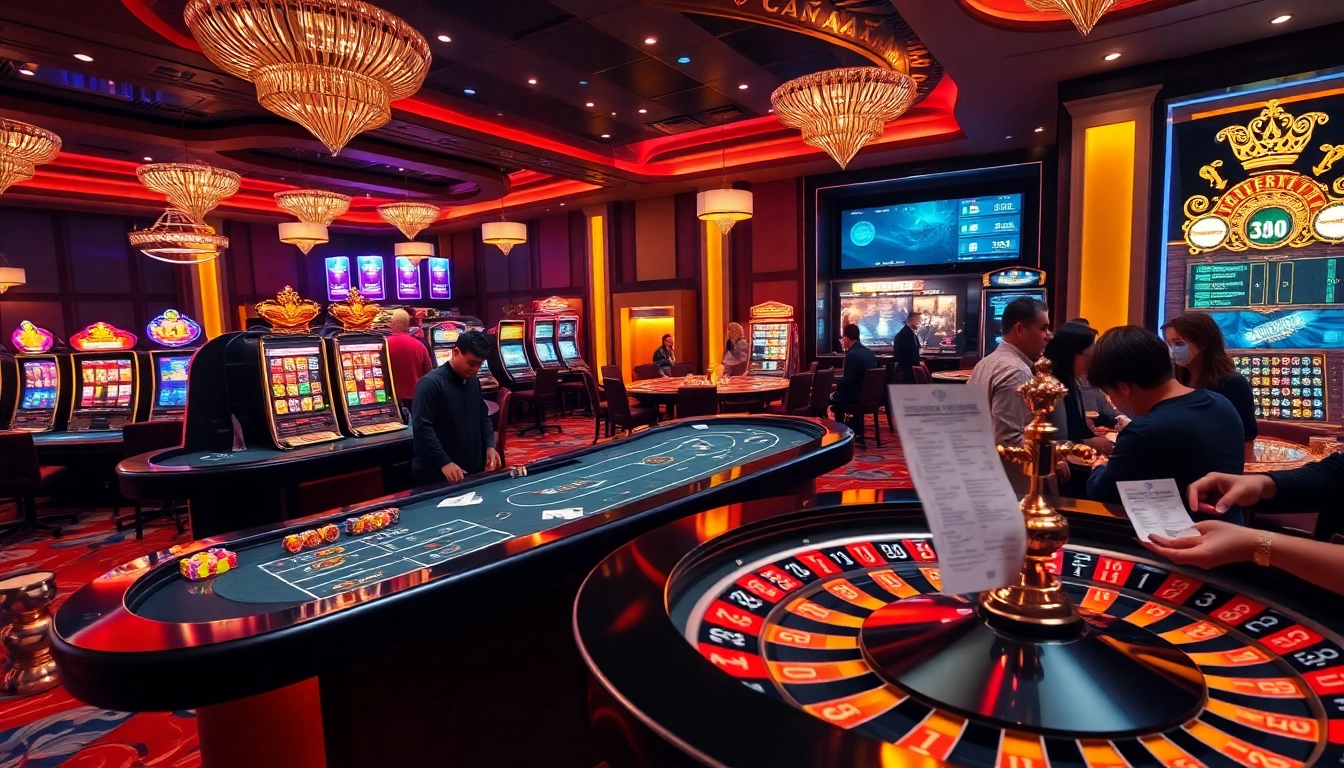 Exciting online gambling scene showcasing king88 with bright slot machines and a vibrant poker table.