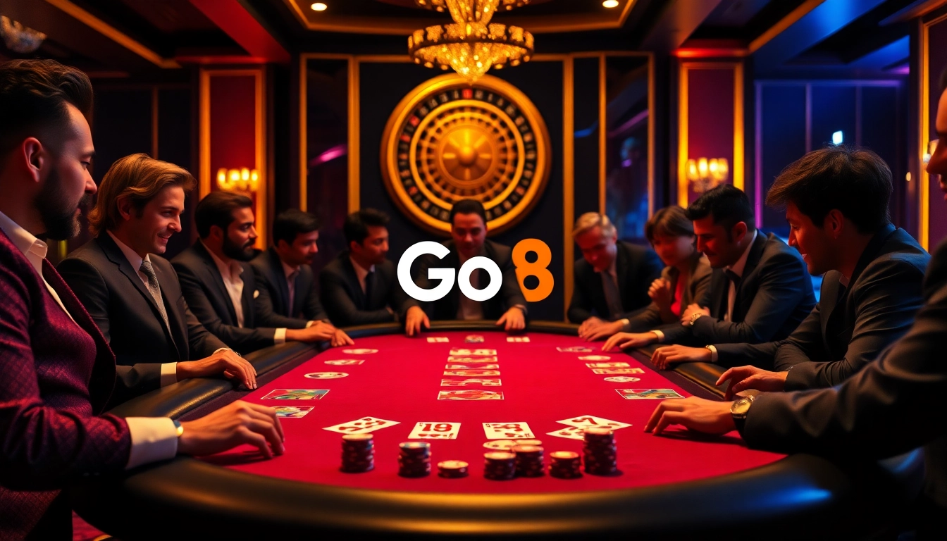 Go8 players celebrating a big win at a luxurious casino table with vibrant colors.