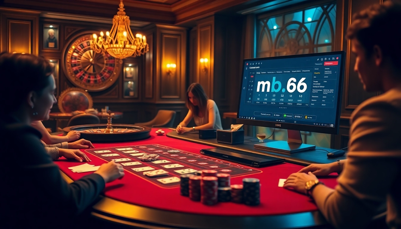 Experience high-stakes baccarat at mb66.ski with elegant cards and sleek chips in a captivating casino setting.