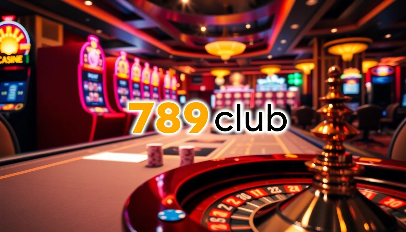 Engaging with thrilling casino games at 789club, showcasing vibrant slot machines and poker chips.