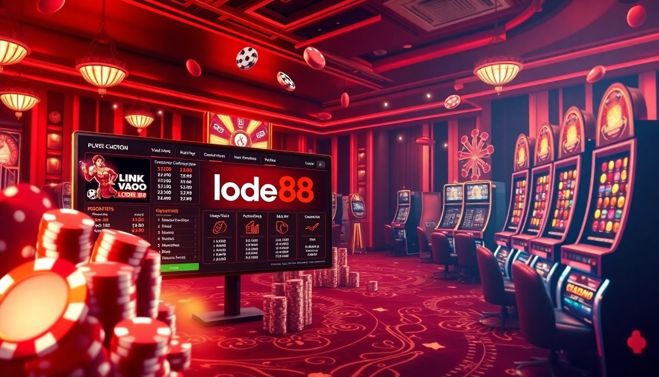Experience a thrilling online gambling atmosphere with the link vào lode88 prominently displayed on a casino interface.