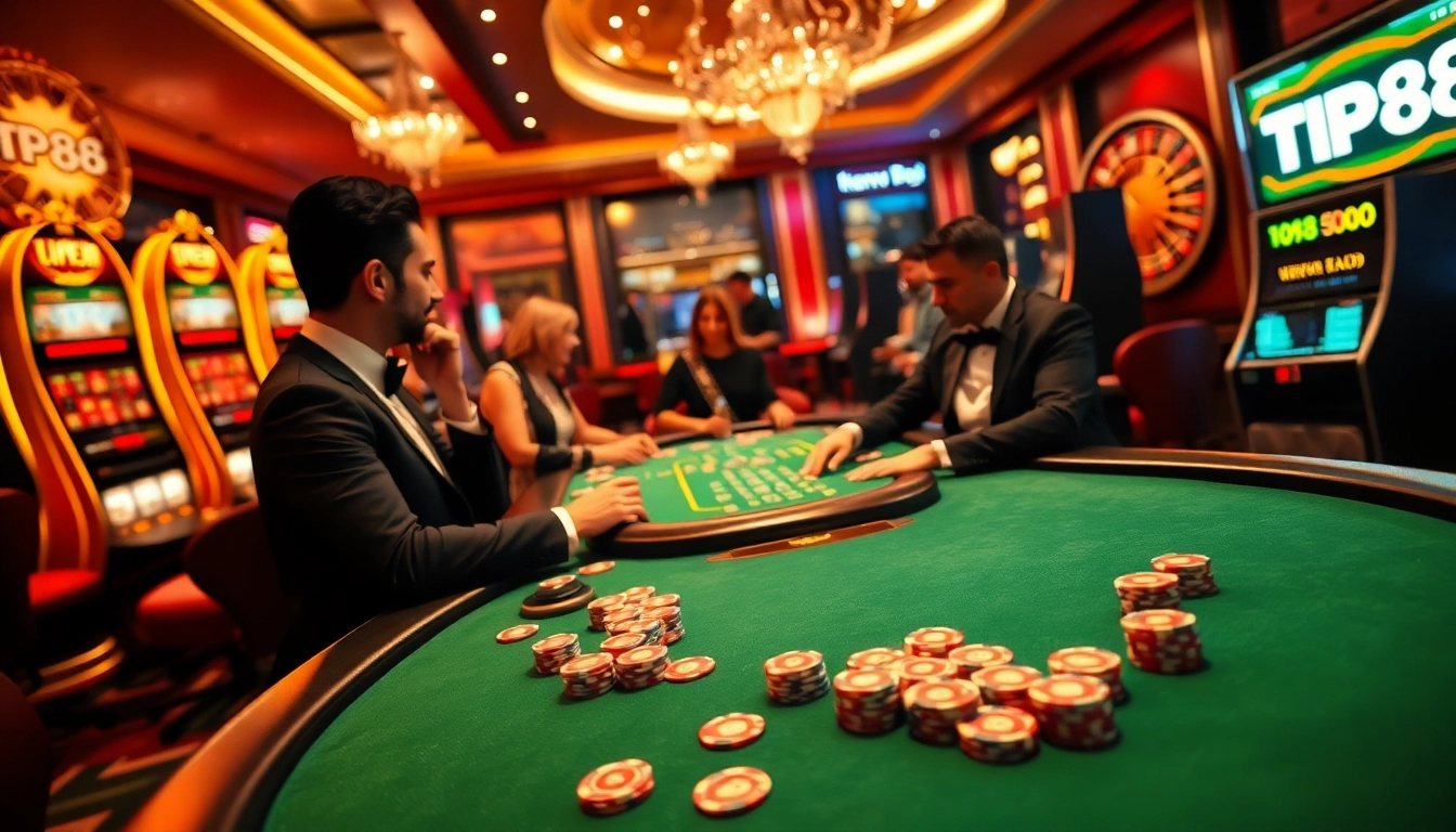Engage in thrilling casino action at TP88 with poker chips and vibrant slot machines.
