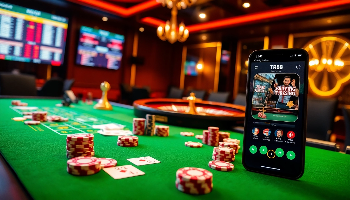 Engage with TR88 at an exciting casino table, vibrant poker chips, and strategic gameplay.