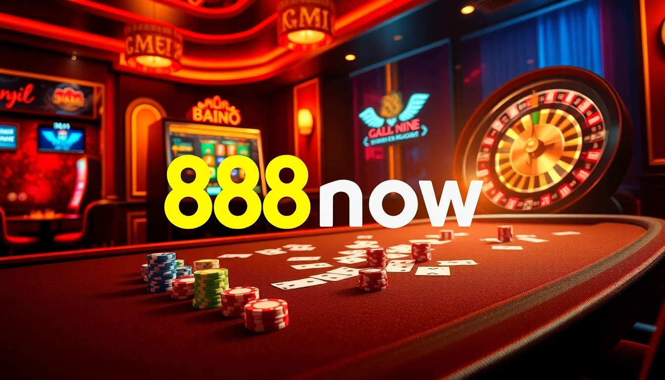 Experience the excitement of 888now at a vibrant casino table with spinning roulette and poker chips.