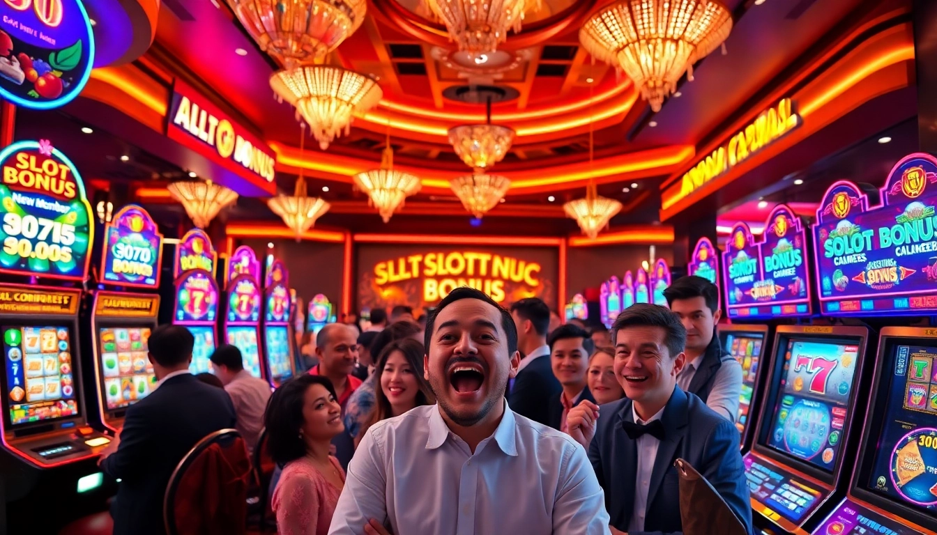 Players celebrating a jackpot with slot bonus new member promotions at an upscale casino.