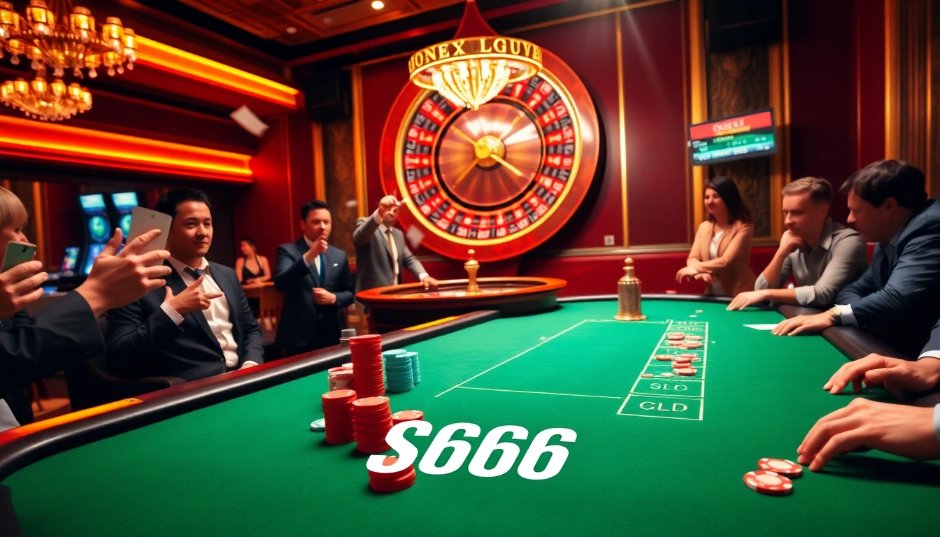 S666 casino players enjoying a thrilling game with colorful chips and a roulette wheel in the background.