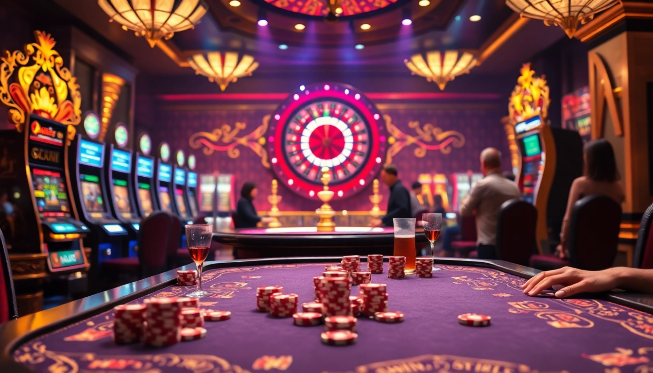 IWIN68 casino scene with luxurious poker table, vibrant slot machines, and an inviting atmosphere for high-stakes gambling.