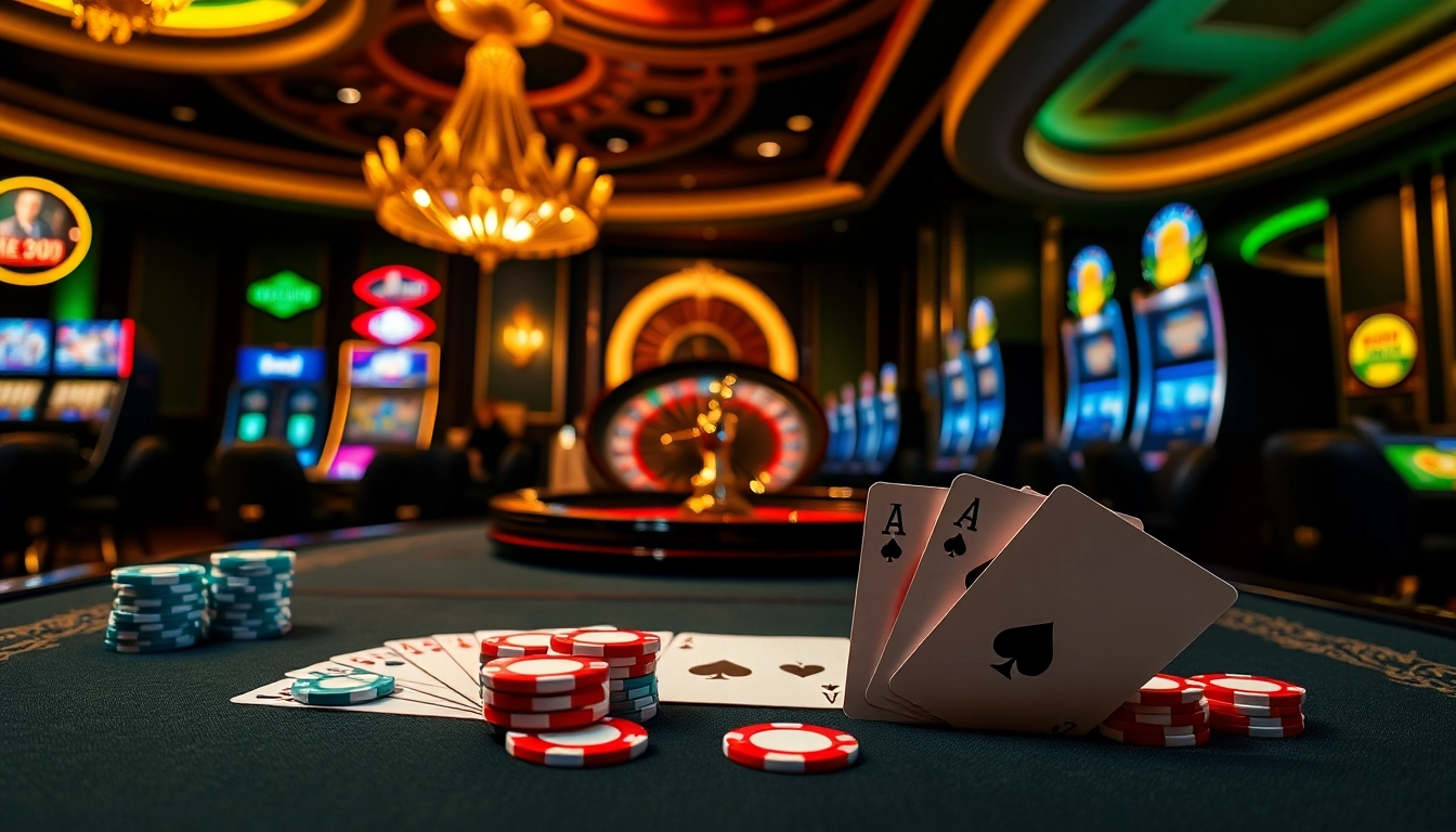 Winvn casino table with vibrant poker chips and cards, capturing the excitement of gambling.